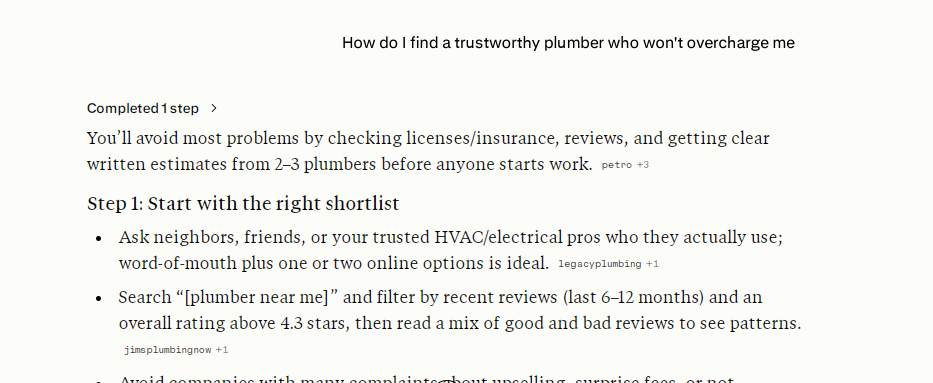 Perplexity AI citing Jim's Plumbing